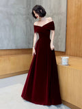 Burgundy Velvet Floor Length Prom Dress, V-Neck Off Shoulder Evening Party Dress HZ0429
