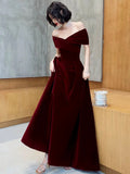 Burgundy Velvet Floor Length Prom Dress, V-Neck Off Shoulder Evening Party Dress HZ0429