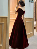 Burgundy Velvet Floor Length Prom Dress, V-Neck Off Shoulder Evening Party Dress HZ0429
