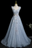 Enchanting Sky Blue Glitter Tulle Ball Gown, Beautiful A-Line Party Dress HZ0429
