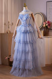 Blue Flower Fairy Beading Butterfly Prom Dresses, A-Line Cascading Ruffles Formal Evening Dresses HZ0429