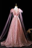 A-Line Shiny Tulle Sequins Long Prom Dress, Pink Evening Party Dress HZ0429